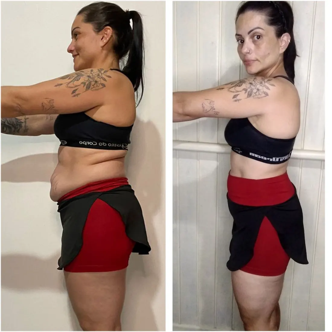 Antes e depois de aluna, vista lateral