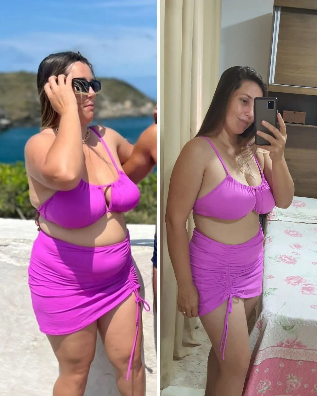 Antes e depois de aluna com o mesmo biquíni