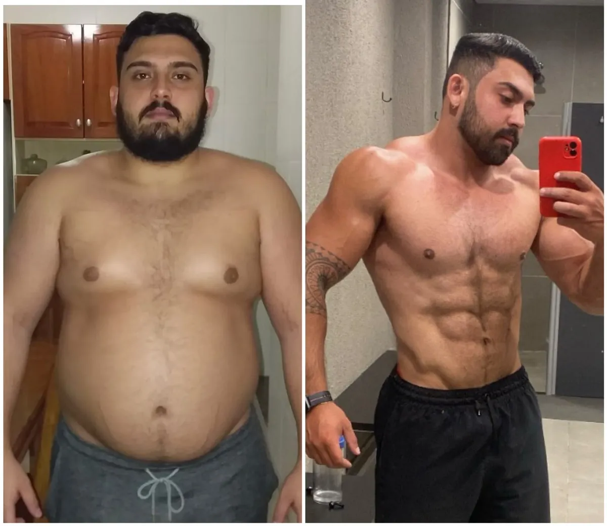 Lucas antes, com obesidade, e depois, com o físico transformado
